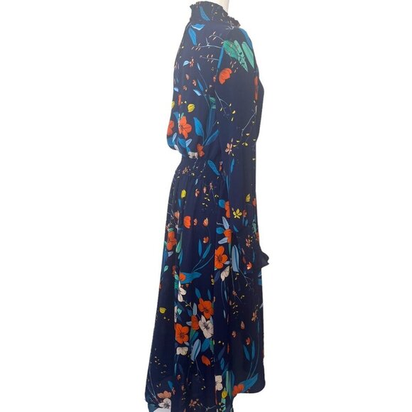 Nanette Lepore Floral smocked Hi Lo Hem Dress HI Neck Ladies Size 10 Colorful - Picture 6 of 9